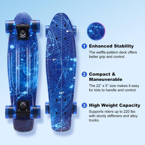 Kids Skateboard Set with Light-Up Wheels–Complete Beginner Kit Includes Full Protective Gear & Skate Tool–Ideal for Boys & Girls,Blue 22"