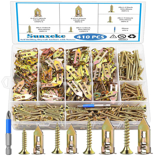 Sunxeke 410 PCS Self Drilling Drywall Anchors with Screws Kit - 2 Sizes Sheetrock Anchors & 4 Sizes Zinc Expansion Screws,2025 Upgraded Zinc Plated Steel,No Drill Needed, Holds Up to 66LB on Walls