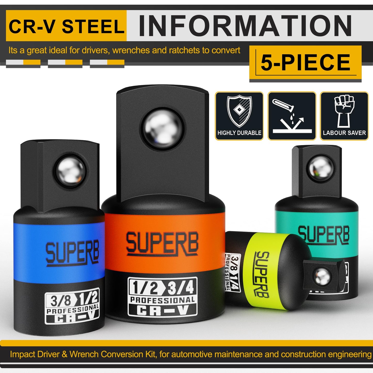 Aiourx 5-Piece Impact Socket Adapter Set, 1/4", 3/8", 1/2" Socket Converter&Reducer, Cr-V Steel, Impact Driver & Wrench Conversion Kit, for Automotive Maintenance and Construction Engineering