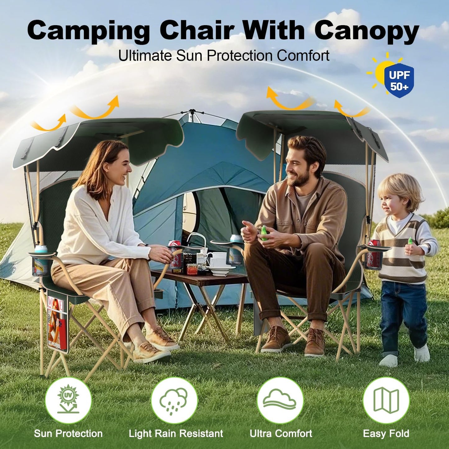 VTOY Portable Camping Chair - Durable 600D Oxford Folding Chair with Canopy for Outdoor Activities
