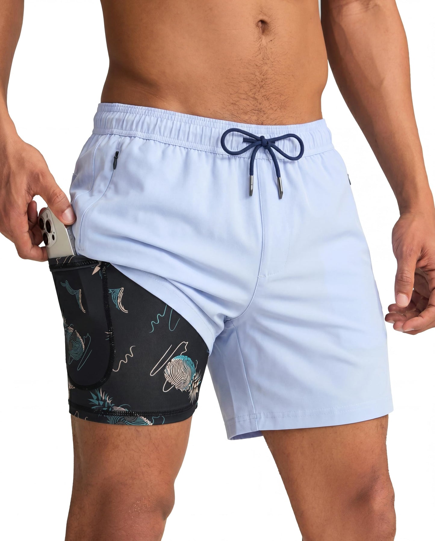 maamgic Mens Swim Trunks with Compression Liner 5 Inch, Quick Dry Bathing Suit with Zipper Pockets, Stretch No-Chafing Swim Shorts, Mist Blue Large