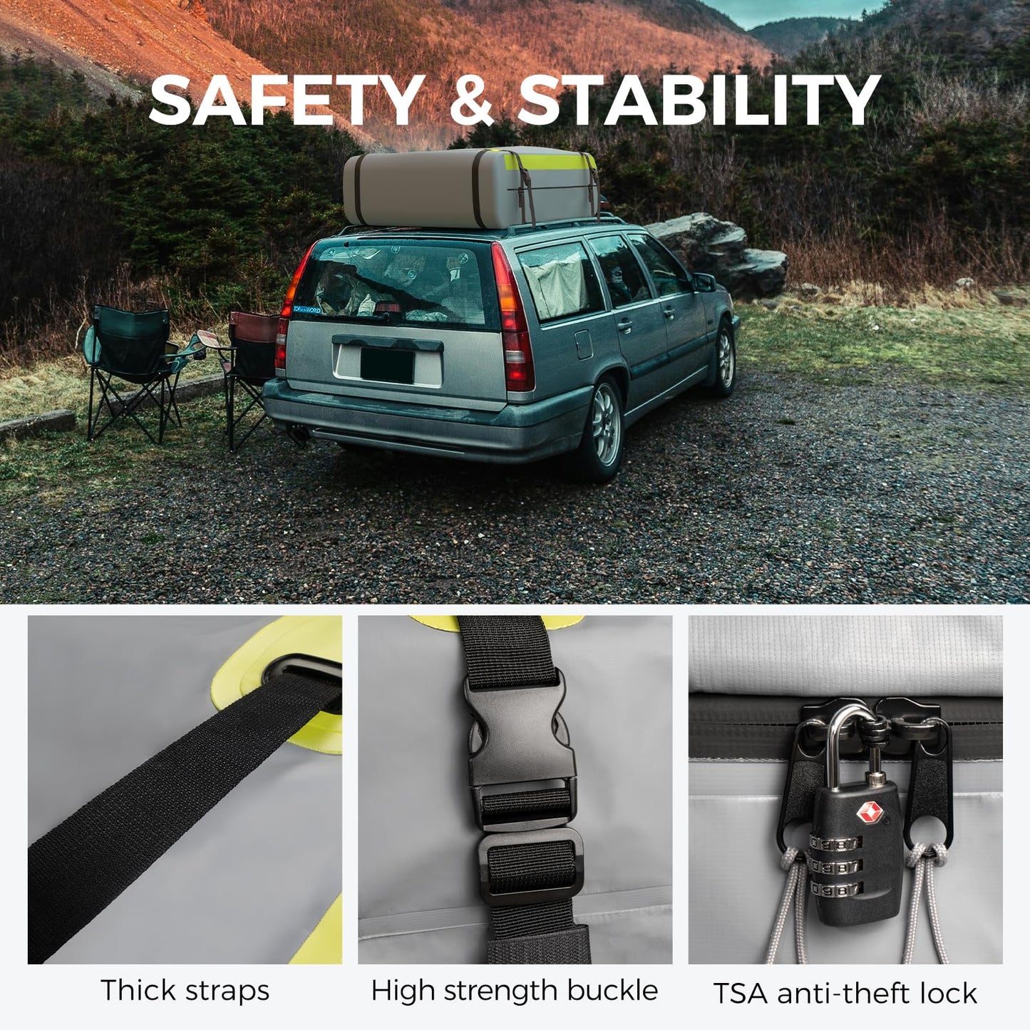 WELKIN Heavy Duty Rooftop Cargo Carrier Bag - 15 Cubic Waterproof Car Roof Bag for All Vehicles with/Without Rack - Includes Anti-Slip Mat, 6 Door Hooks, TSA Lock & Storage Bag - Reinforced Straps