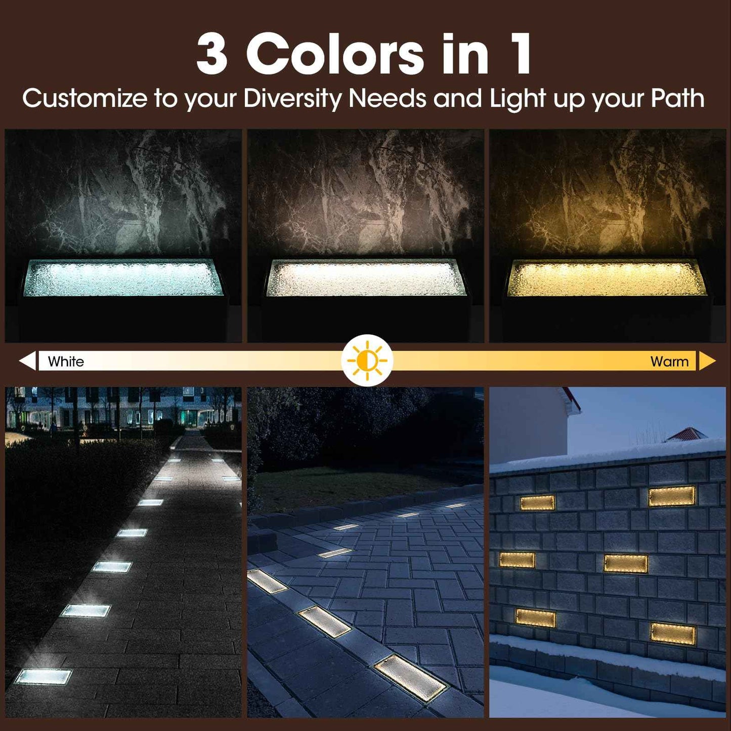 Solar Paver Lights 4x8 Inch, IP67 Waterproof Recessed Brick Pathway Lighting Outdoor for Driveway, Walkways, Patio, Garden, Pavers, Yard (2700K/4500K/6000K, 2 Pack)