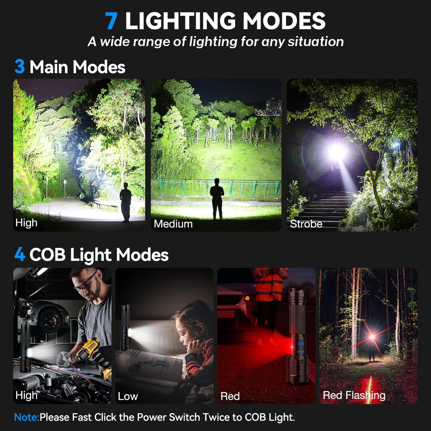 ALSTU Flashlight Rechargeable 99,000 High Lumen - 7 Modes LED Flash Light with COB, Powerful Handheld Flashlight for Home, Camping(2 Pack)