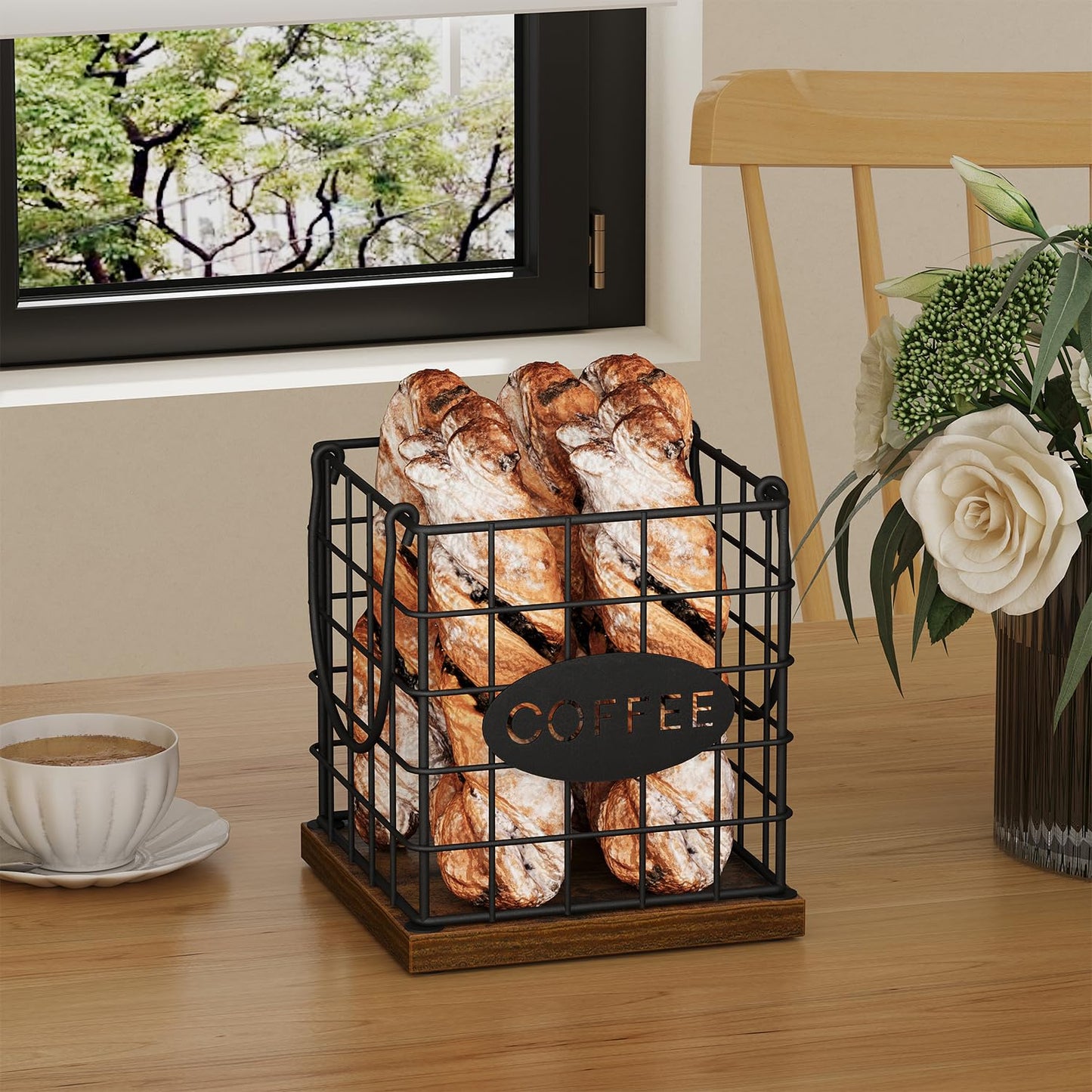 YINMIT K Cup Holder Organizer, Rustic Coffee Pod Holder Organizer, 35 Kcup Holder for Counter with Handle，Large Capacity Black Wire Coffee Capsule Basket for Kitchen Office Desktop (Square Grid)