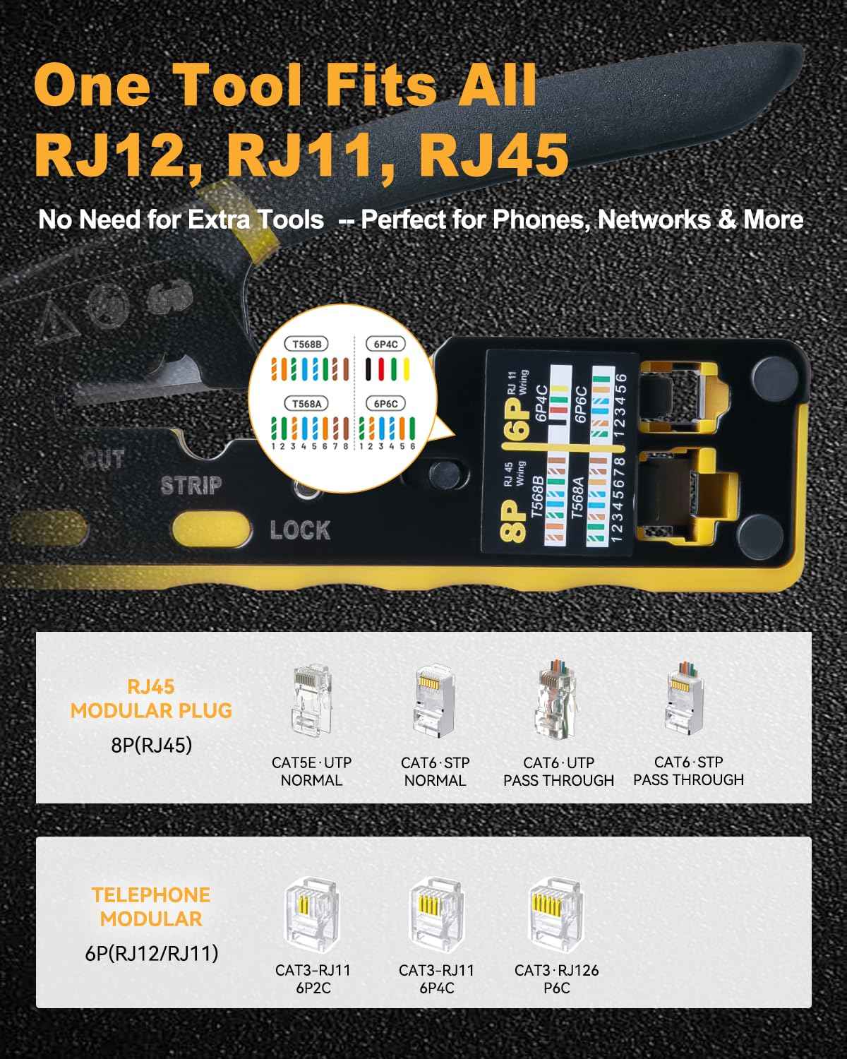 Anyongora RJ45 Crimp Tool Kit with Replaceable Blade & Wire Cutter, Pass Through Ethernet Crimper for Cat7 Cat6 Cat5, Complete Network Tool Set with Cable Tester, 30Pcs Connectors
