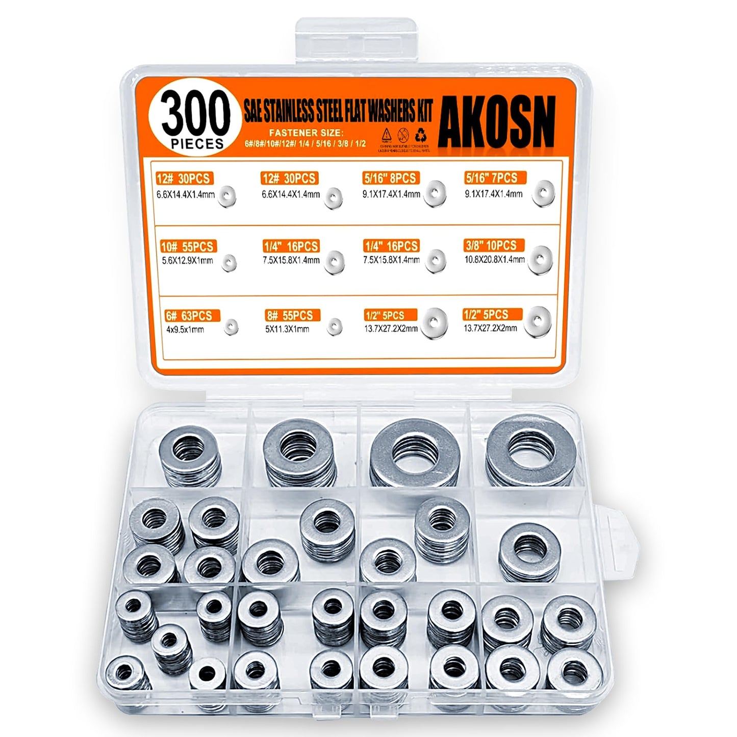 Stainless Steel Flat Washers Assortment Kit, SAE 304, 300-Piece Metal Screw Washers Set for Bolts, 8 Sizes #6; #10; #12; 1/4"; 5/16"; 3/8"; 1/2"