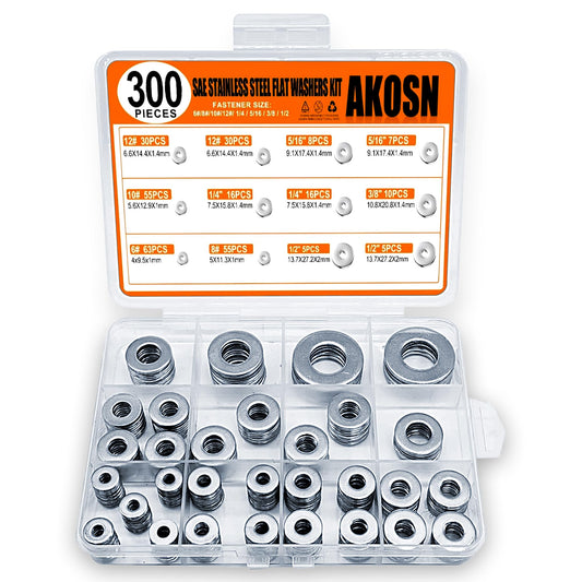 Stainless Steel Flat Washers Assortment Kit, SAE 304, 300-Piece Metal Screw Washers Set for Bolts, 8 Sizes #6; #10; #12; 1/4"; 5/16"; 3/8"; 1/2"