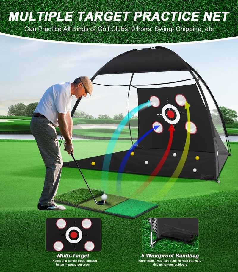 Golf Net, 10x7FT Golf Practice Net with Tri-Turf Mat for Outdoor Indoor, All-in-One Hitting Aid for Backyard Training Driving Chipping Swing, Gifts for Men/Him/Dad/Golfer