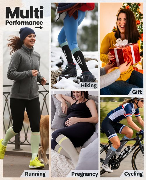 CTHH Thick Cotton Compression Socks for Women Men 15-20mmHg Cute Knee High Socks Support for Running, Travel, Nurses, Pregnant Women, Striped Stockings Cushioned, Beige/Light Grey, 2 Pack