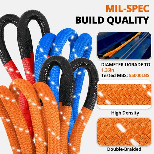 Kinetic Recovery Tow Rope - Heavy Duty 30FT Snatch Strap Kit | 55000LBS Capacity, Reflective Design - Orange