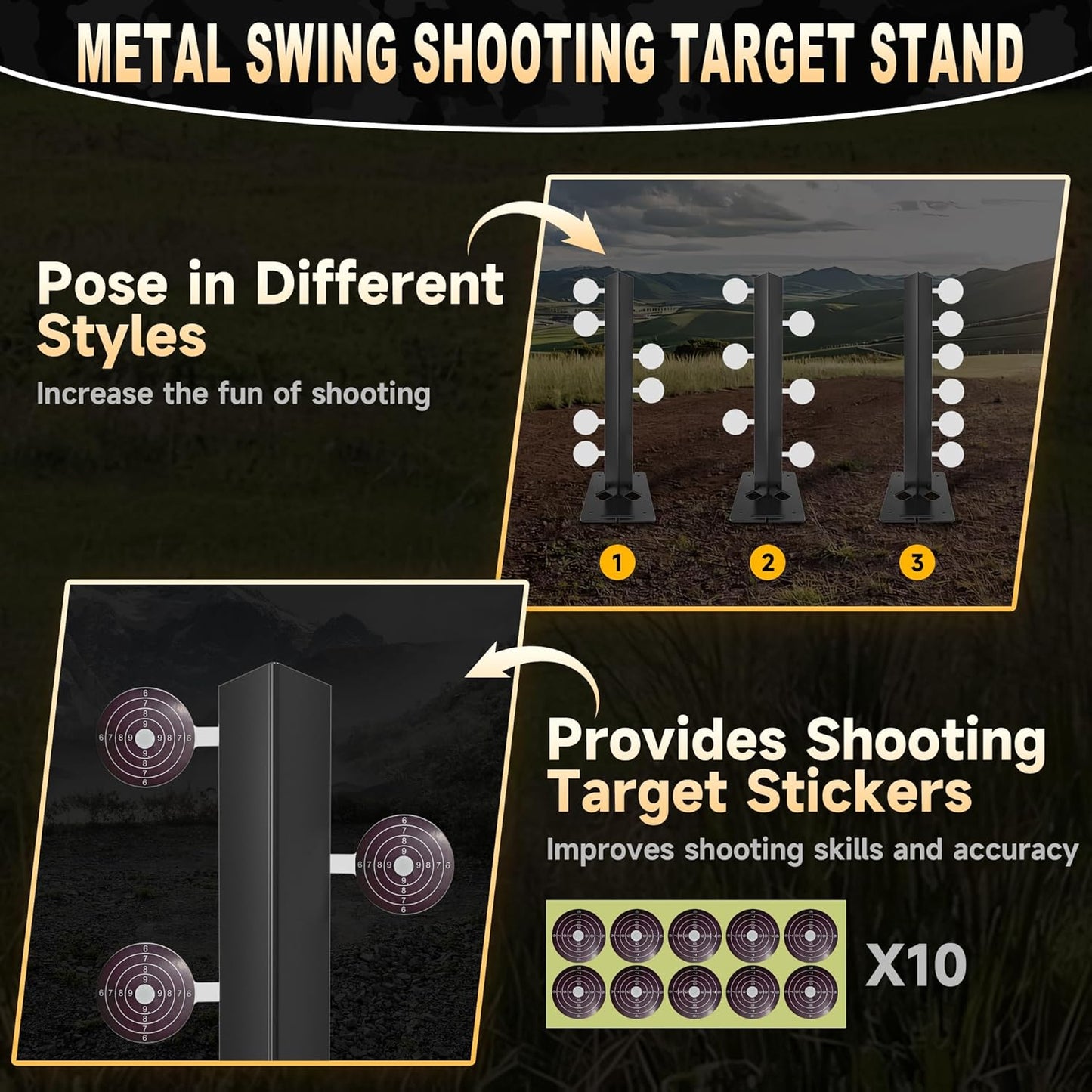 Skiennix Metal Swing Shooting Target Stand - Heavy Duty Alloy Steel with 6 Steel Plates | 180° Rotation for Airsoft BB Guns