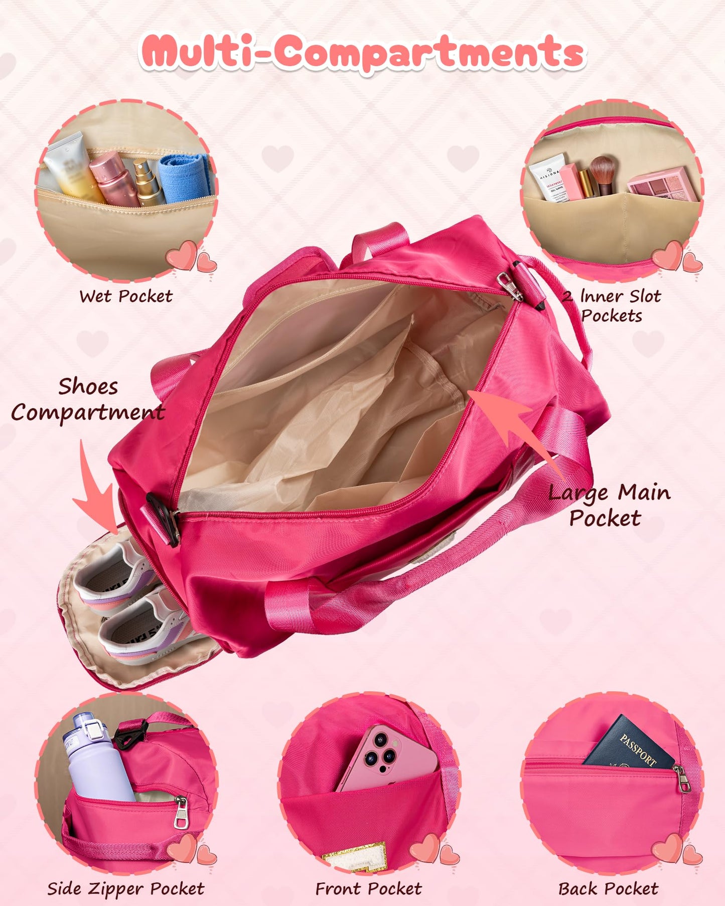 Vogewood Gifts for Grandkids, Girls Travel Duffle Bag with Makeup Pouch, Initial Kids Overnight Weekend Bag with Shoe Compartment, Teen Girl Gift Trendy Stuff (Letter M)
