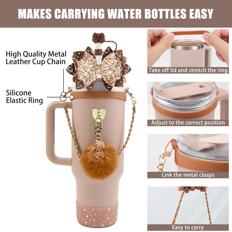 SEMATA Bling Accessories for Stanley Cup 40oz & 30oz Tumbler including Silicone Cute Bow Straw Topper Cover, Silicone Boot for Stanley Cup,Leather Water Bottle Handle Strap, Charms(Brown)