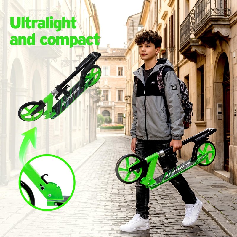 Scooter for Kids Ages 6+, Teens & Adults, Max Load 240 LBS, Foldable Kick Scooter with 8-inch Big Wheels, Kickstand, 3 Adjustable Levels, Rear Brake, Black