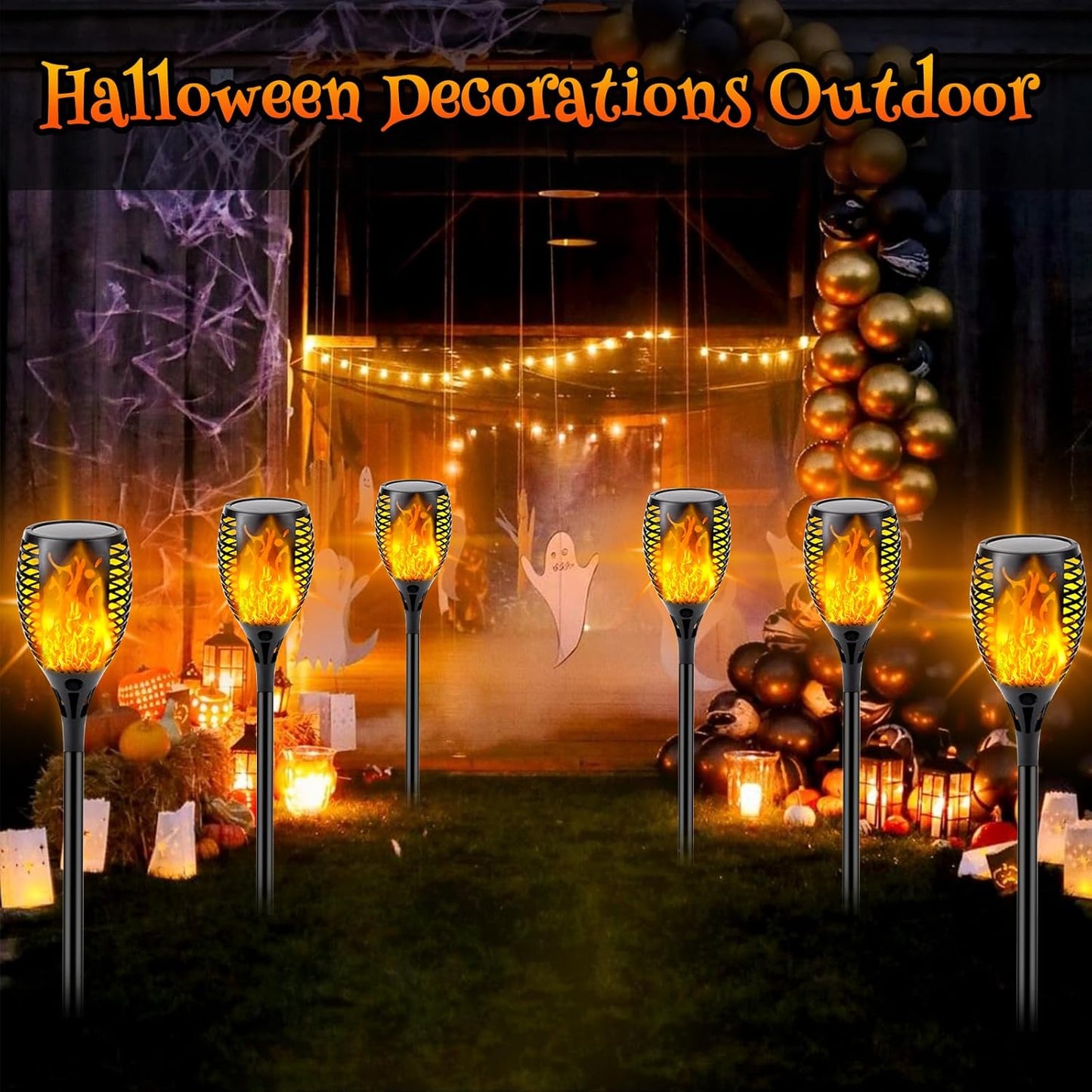 10 Pack Mini Solar Torch Lights - Flickering Flame Outdoor Decor for Halloween, Waterproof Solar Garden Pathway Lights
