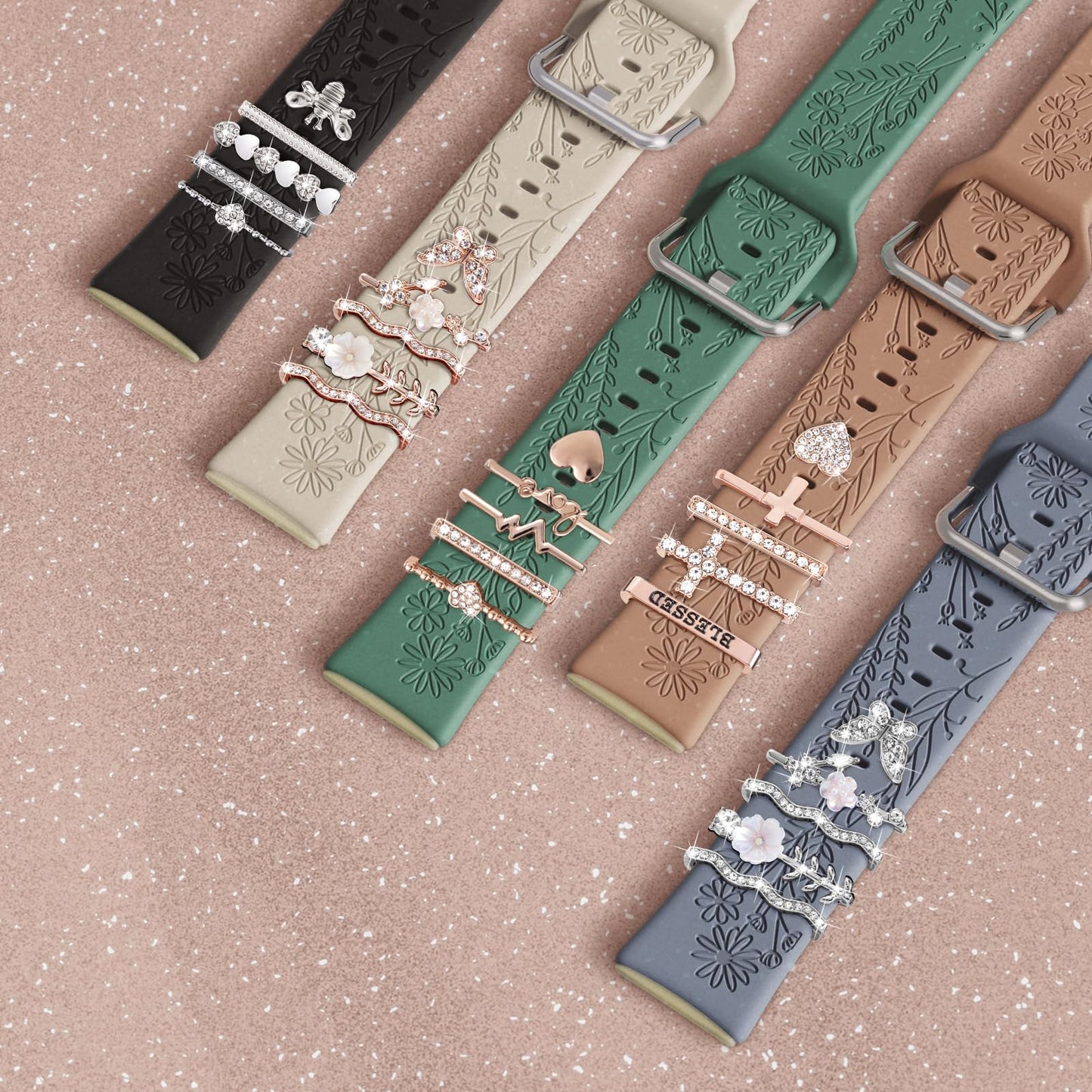 Floral Engraved Bands Compatible with Fitbit Versa 4/Versa 3/Sense 2/Sense Band with Charms, Soft Silicone Sport Fancy Replacement Wristbands Strap with Cute Decorative Rings Accessories for Women