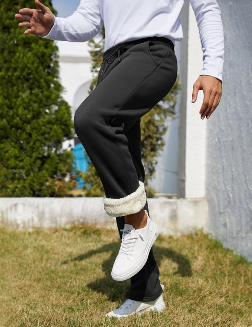 Flygo Men's Fleece Lined Sherpa Sweatpants Winter Warm Pants Open Bottom Jogger Sweat Lounge Athletic Pant Black 3XL