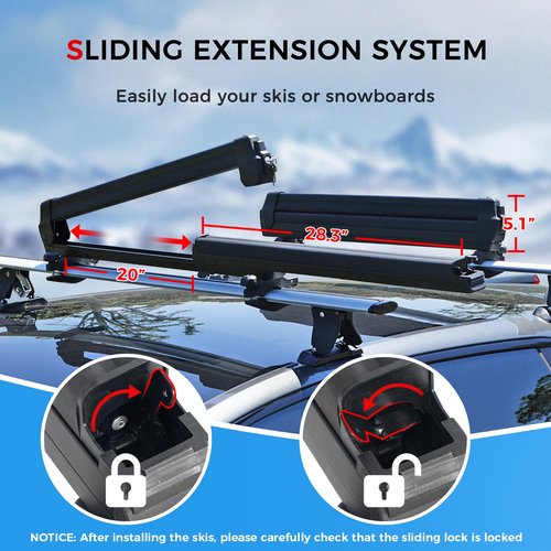 LINGVUM Ski and Snowboard Roof Racks with Sliding Extension, 28" Universal Ski Roof Rack Carrier with Anti-Theft Lock - Fits 6 Pairs Skis or 4 Snowboards, Black