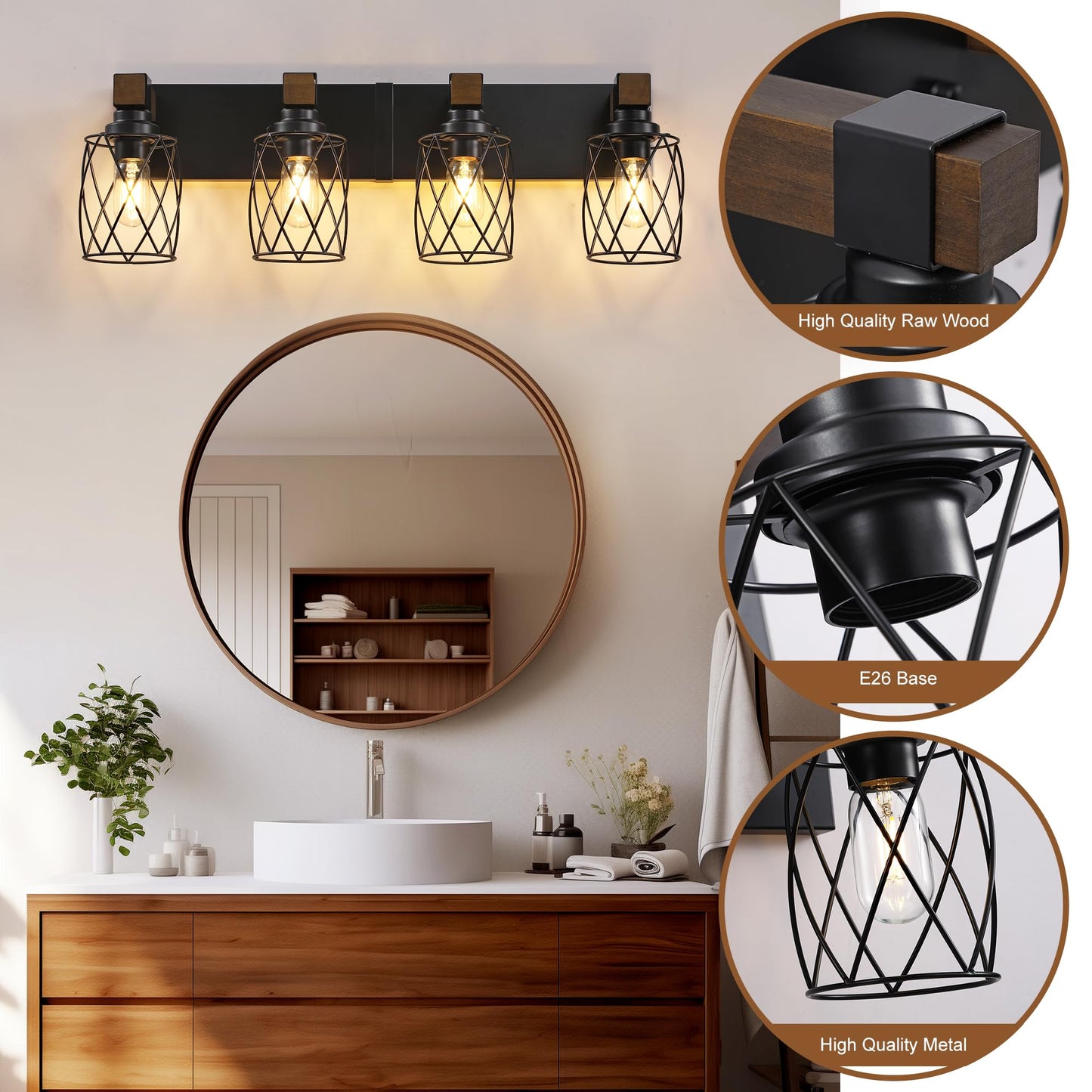 XvmBvm Farmhouse Bathroom Vanity Light, 4-Light Wood Bathroom Light Fixtures Over Mirror, Black Industrial Vanity Lights with Metal Shade, Rustic Bathrooms Lighting for Living Room, Bedrooms, Hallway
