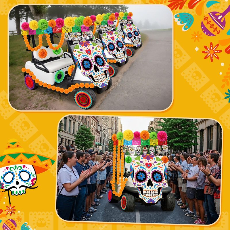 Suncalla 25 Pcs Day of the Dead Golf Cart Decorations Dia De Los Muertos Car Decoration Marigold Garland Mexican Party Banners Pom Poms Hanging Paper Fans for Halloween Golf Cart Party Decor