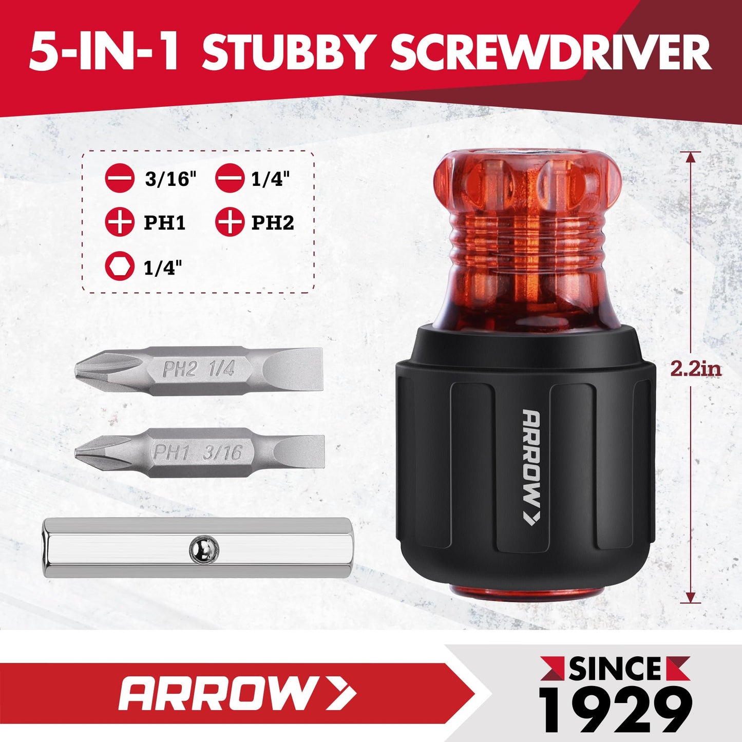 ARROW 5-in-1 Stubby Screwdriver, Multi-Bit Screw Driver & Nut Driver, Premium S2 Steel, Comfortable Grip, with Phillips, Slotted, Hex Socket, for Tight Spaces and Various Screw Tasks