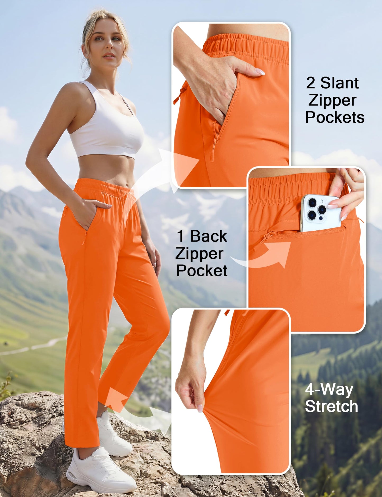 MAGCOMSEN Quick Dry Pants Women Summer Lightweight Orange UPF Travel Athletic Hiking Pants Lounge Fishing Running, L
