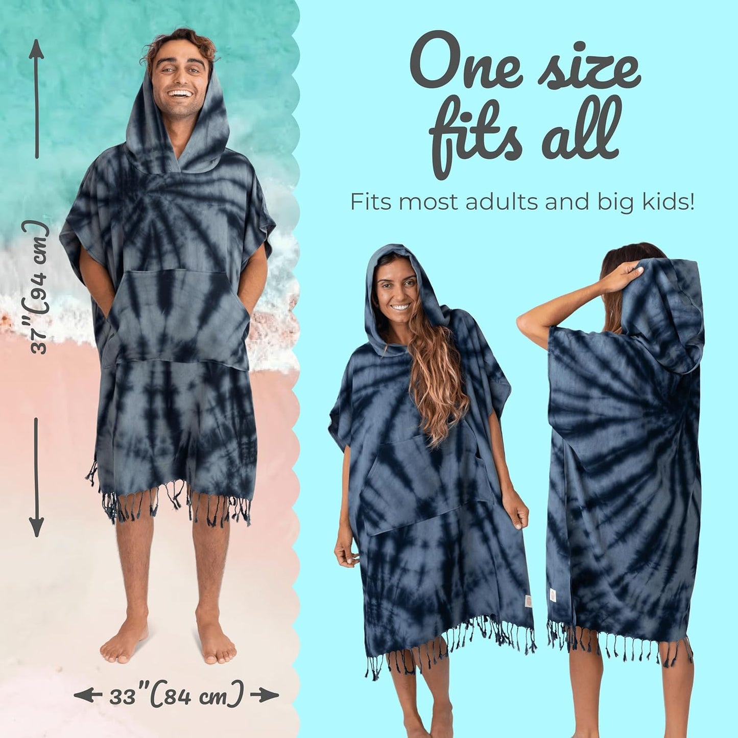 Nova Blue Surf Poncho - Large Hooded Changing Towel (33 x 37) | 100% Cotton for Beach & Pool Use