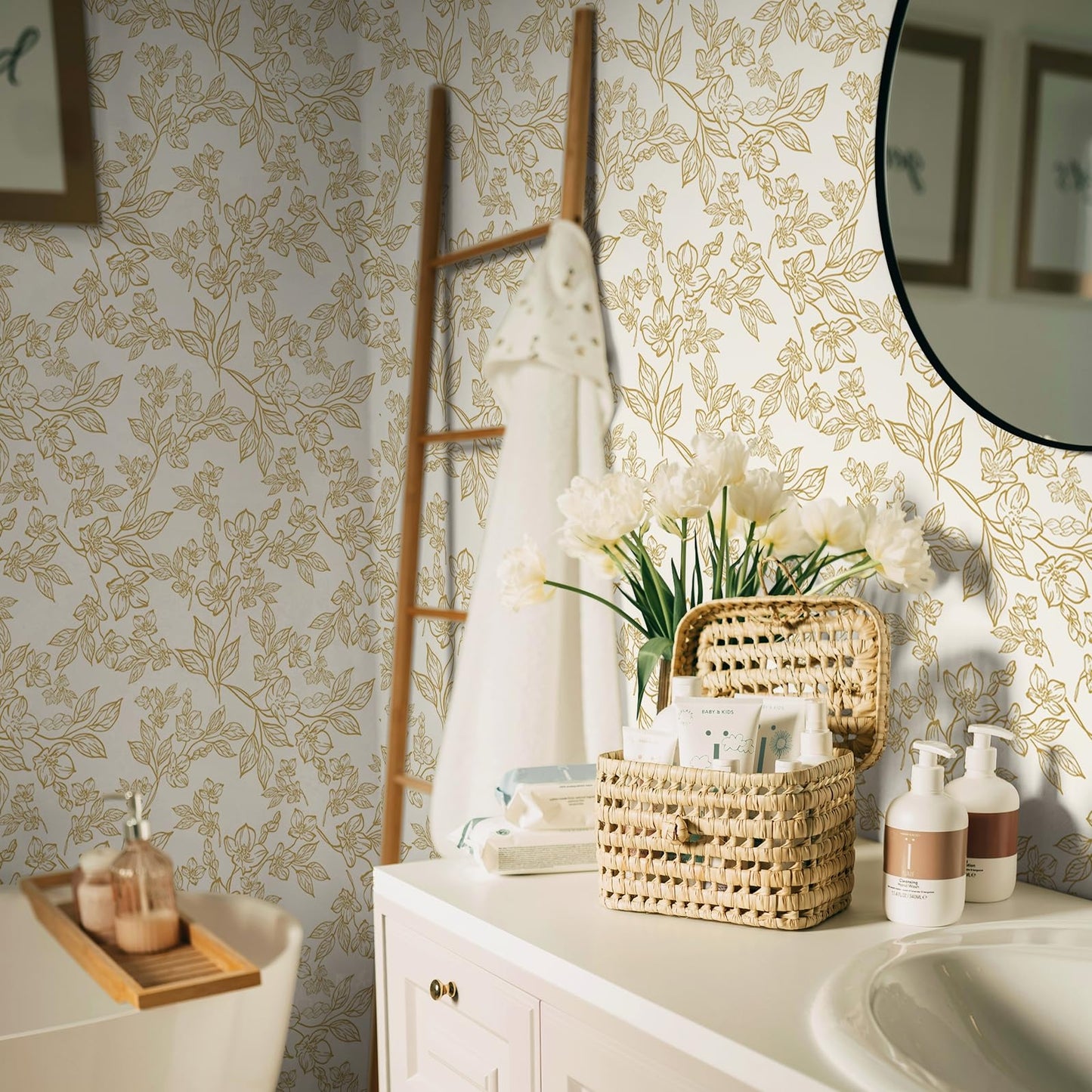 Ismoon Floral Peel and Stick Wallpaper Vintage Beige Contact Paper White Gold Stick on Wallpaper Textured Removable Self Adhesive Wall Paper for Bedroom Vinyl 17.3x78.7in