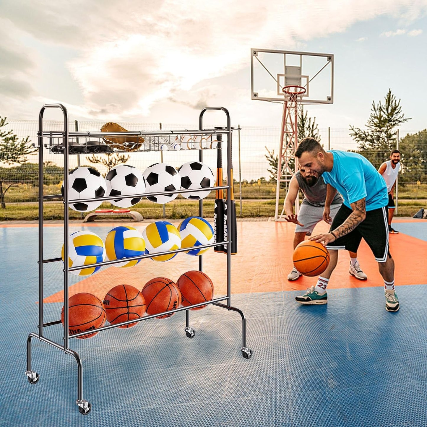 VEVOR Sports Ball Storage Cart - Lockable Basketball Cage with Double Lids | Steel Organizer for Indoor & Outdoor Use