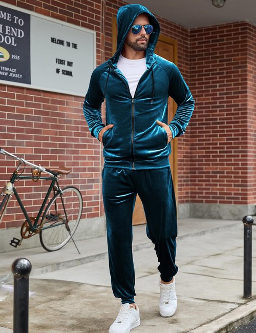 LecGee Men's Autumn Winter Leisure Sports Suit Full Zip Long Sleeve Coat and Running Pant 2 Piece Set(Peacock Blue,X-Large)