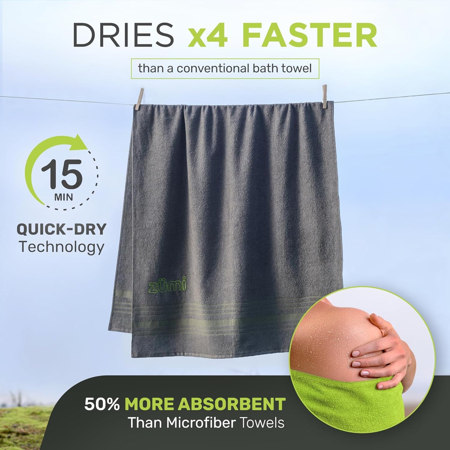 Zumi 100% Cotton Quick-Dry Travel Towel - Soft, Compact & Highly Absorbent | Lightweight Gray Towel for Beach, Gym & Bath
