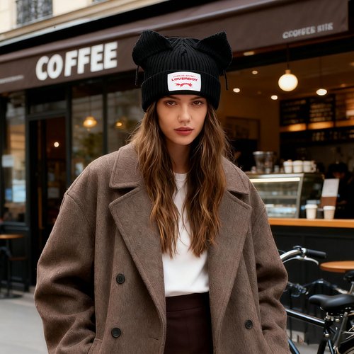 Knitted Beanie Hat for Women Men Cute Bunny Long Ear Hat Slouchy Cat Ear Hat Crochet Fluffy Winter Warm Rabbit Y2k Skull Cap