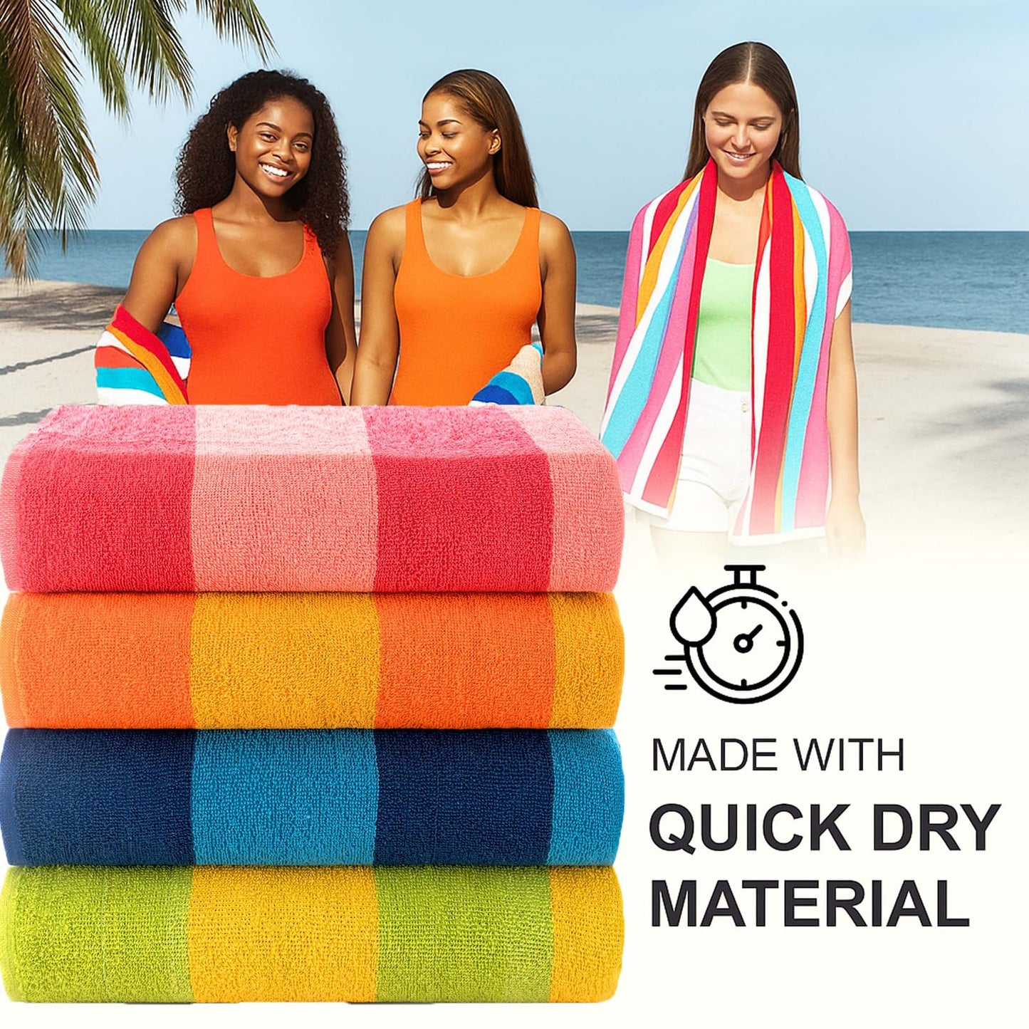 Casa Copenhagen Malibu Towel 4Pcs Orange,Blue,Pink,Green Designer Stripe Beach Towels Gift Set 30"x60" Oversized 100%Cotton Pool Bath Towel for Beach Gift Set (Perfect Summer Gift Set For Women & Men)