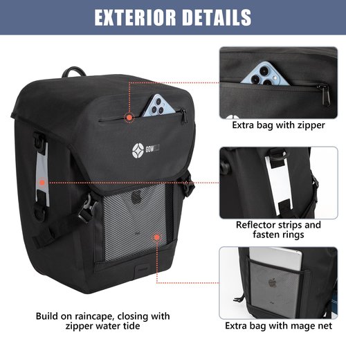 go wild Waterproof Bike Pannier – 500D Polyester Pannier Bike Bag for Rear Rack with Built-in Rain Cover, Laptop Sleeve & Reflective Strips – Bicycle Bag for Commuters – Durable Bicycle Saddle Bag