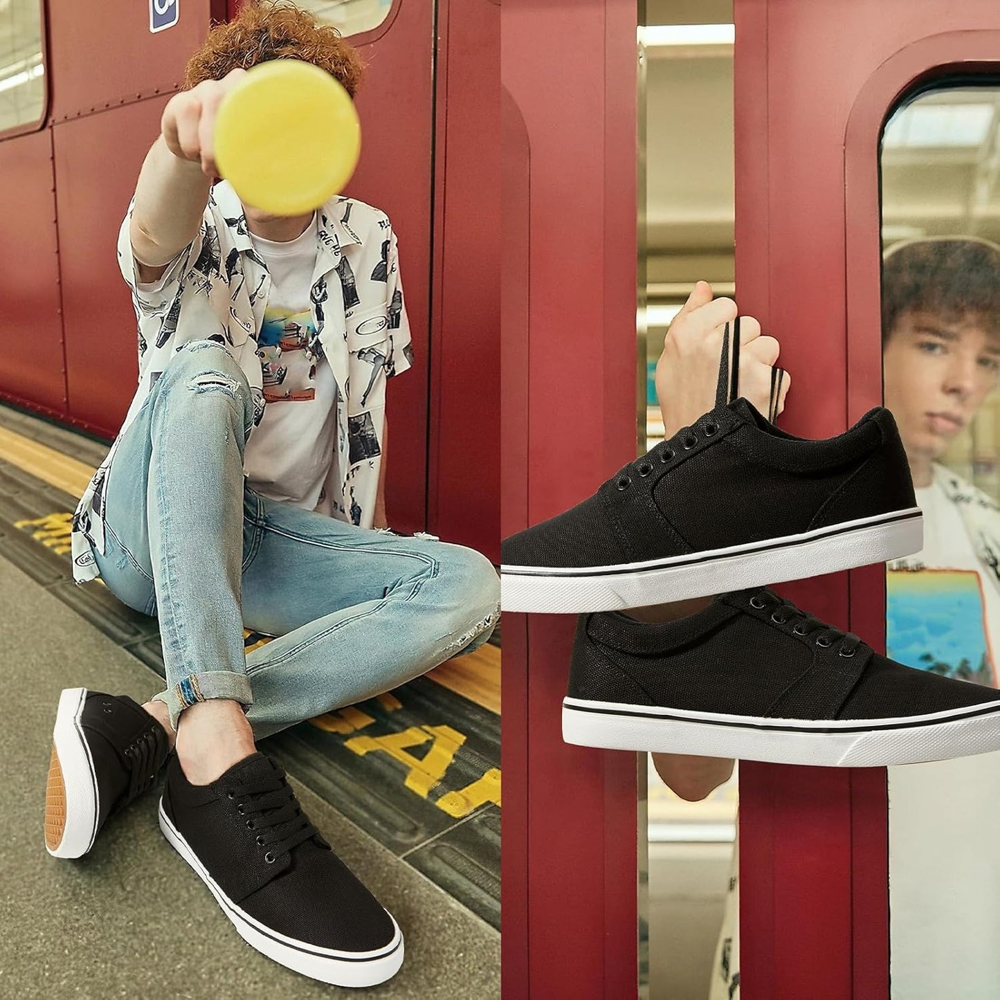 BENPAO Men's Casual Sneakers - Stylish Low Top Lace-Up Canvas Shoes in All Black