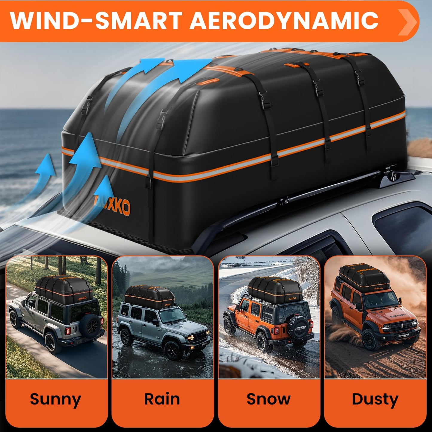AUXKO 15 Cu.Ft Waterproof Rooftop Cargo Carrier for Cars/SUVs/Trucks, Foldable Soft Shell Roof Bag with Night-Reflective Strip, 6 Adjustable Bungee Straps & Door Hooks, Combination Lock, Anti-Slip Mat