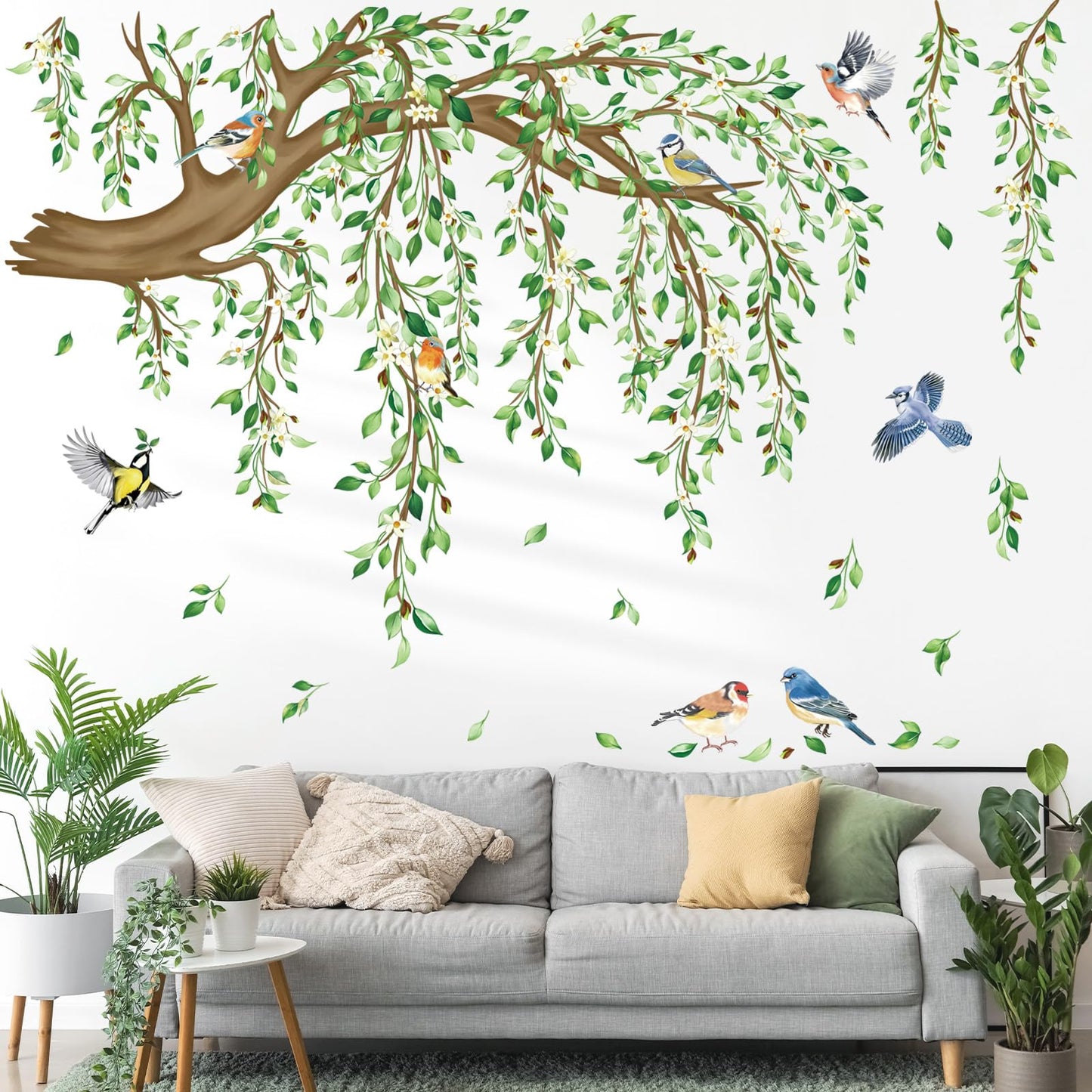 decalmile Large Hanging Vine Wall Decals Tree Branch Green Leaf Flower Birds Wall Stickers Living Room Tv Background Bedroom Wall Decor