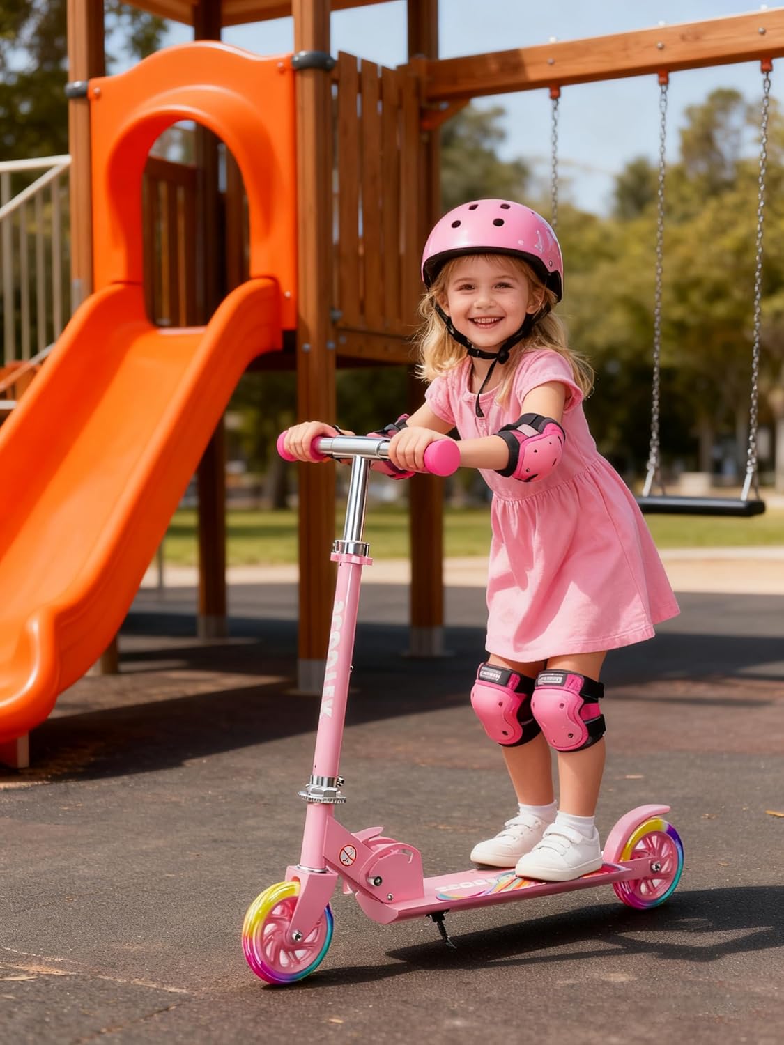 Skiennix Kids Kick Scooter - Adjustable 3-Level Height, Lightweight & Foldable - Pink LED Lights