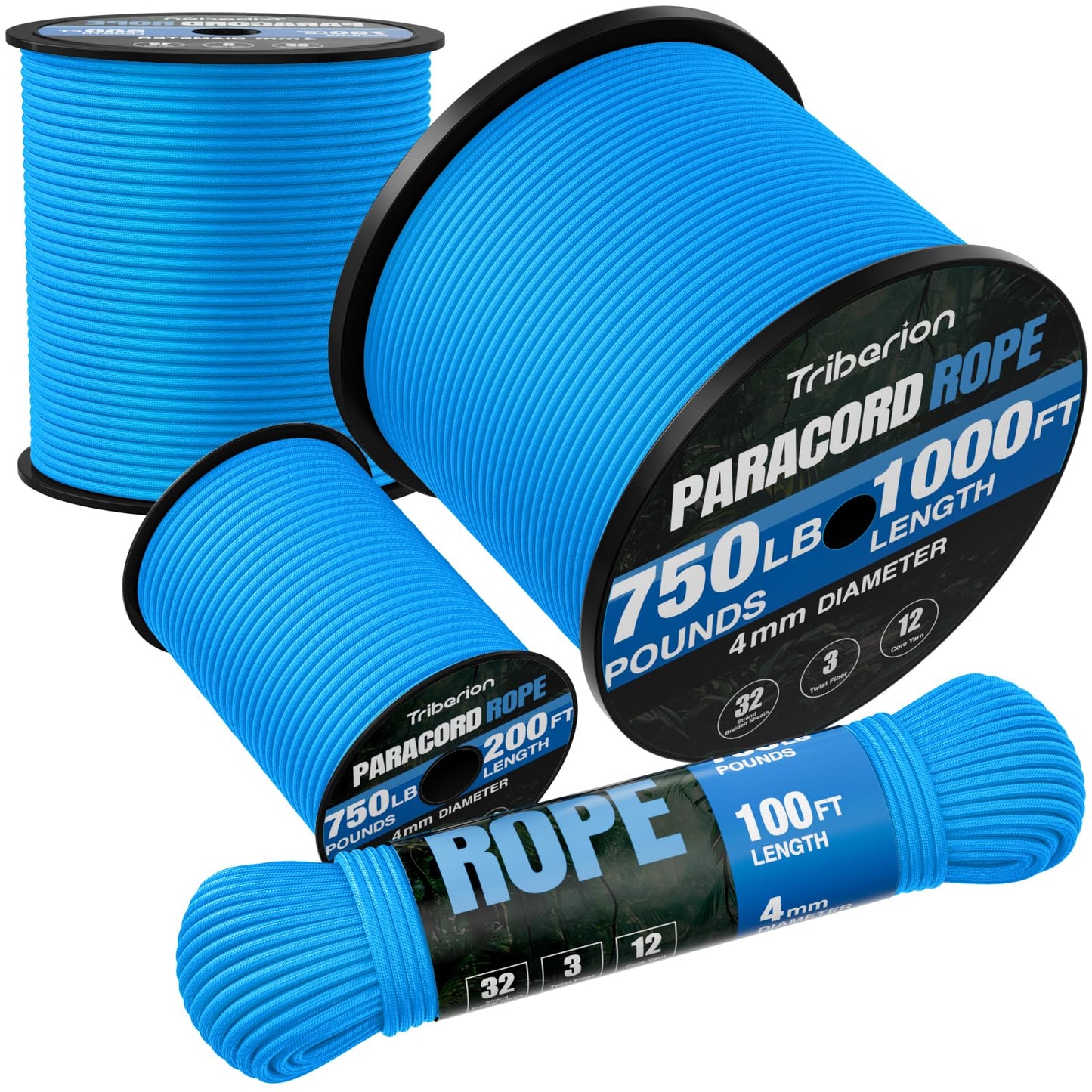 TRIBERION Paracord Rope 750 lb - 500ft 5/32" Parachute Cord 4MM 12-Strand para Cord - Heavy Duty Spool String for Survival,Camping Gear, Survival Bracelet, Clothesline - Blue