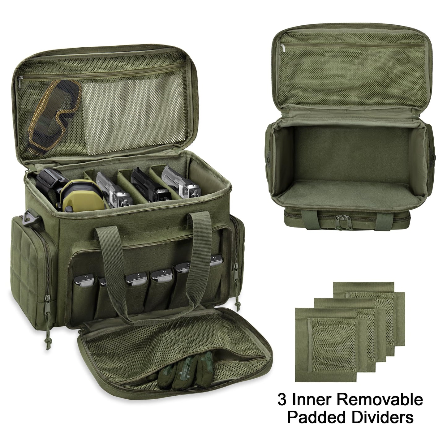 GOBUROS Gun Range Bags for 4 Handguns and Ammo, Tactical Soft Pistol Case with 6X Magazine Slots, Gun Carrying Bag for Shooting Gear Accessories with Shoulder Strap Quilted Padded Gun Duffle Bag Green