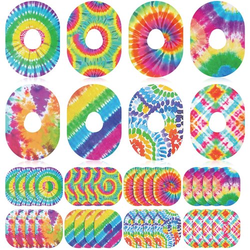 Geiserailie 32 Pack Over Patches Waterproof Compatible with Dexcom G7, Cgm Patches Tie Dye Colorful Adhesive Tape Stickers Sensor Covers Sweat Proof Flexible Breathable Pre-Cut(Rainbow)