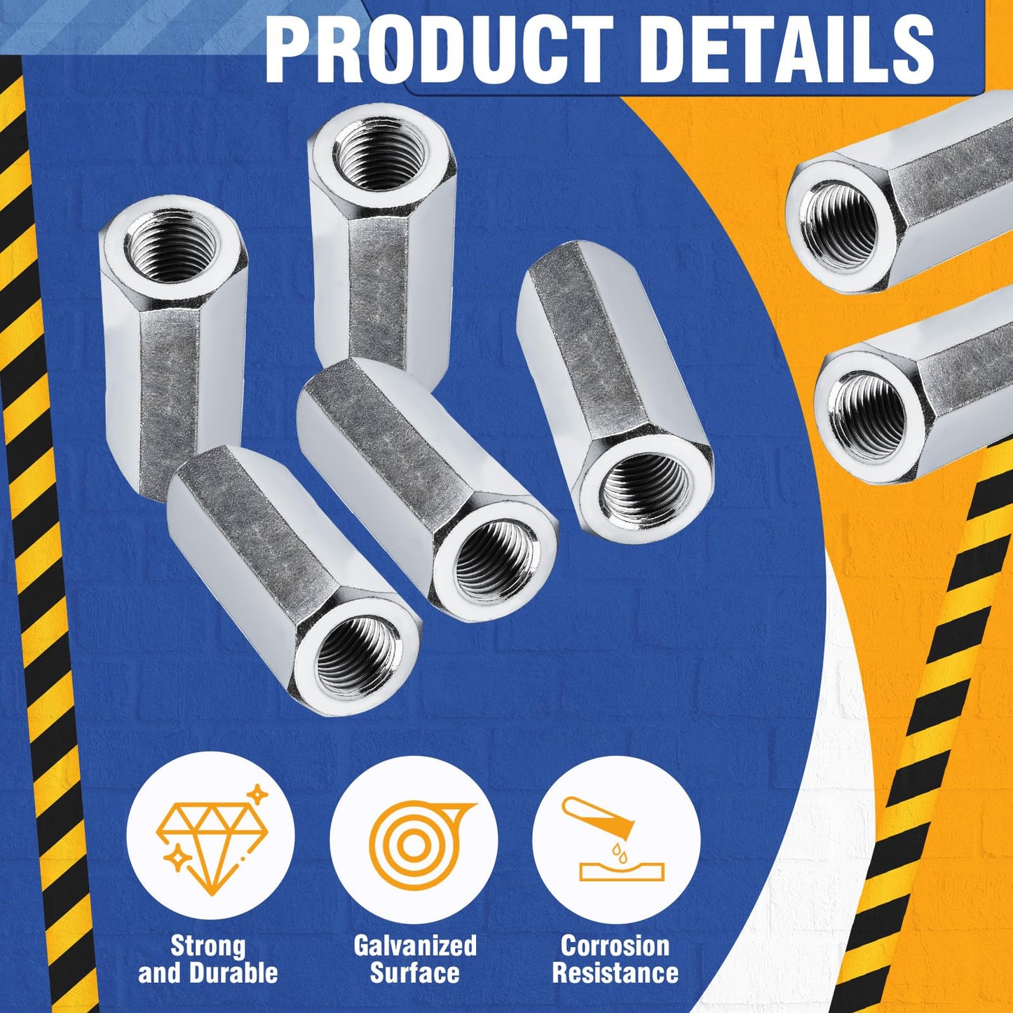 Hicarer 5 Pcs 014973322175 Coupling Nuts 3/8-24 x 1-1/8" Hex Coupling Nut with Zinc Plate Threaded Rod Connector