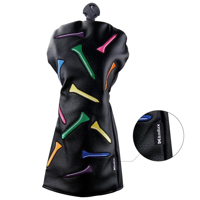 Andux 4pcs/Set Tee Pattern PU Golf Wood Club Head Covers 460cc Driver Fairway Woods Hybrids Covers Black