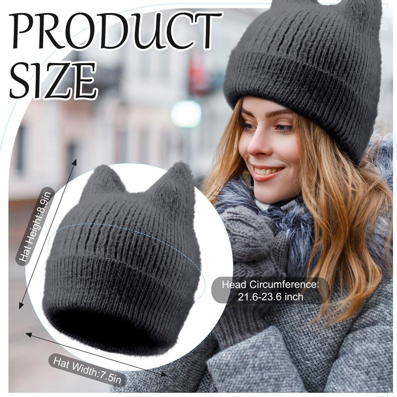 Silicherry 3 Pack Winter Cat Ear Knit Beanie Hats for Women, Soft Warm Slouchy Beanies, Stretchy Cuffed Caps for Adults(Black,Grey,White)