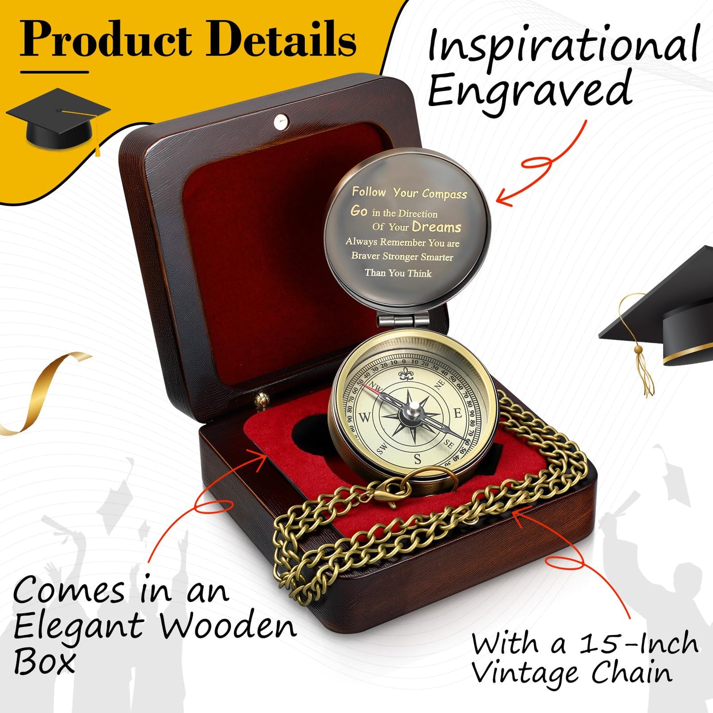 Compass Gift Set Engraved Compass with Chain Souvenir Present Bracelet with Greeting Card Walnut Wooden Box Gift Box for Graduation Father's Day Adventure Birthday Baptism Party Favors(Graduation)