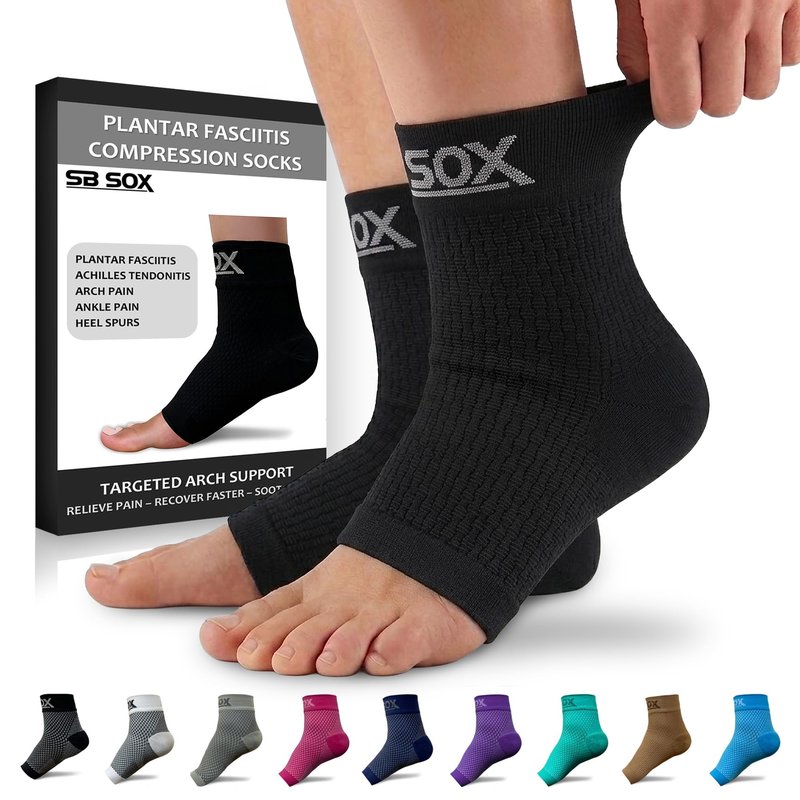 SB SOX Plantar Fasciitis Compression Socks – Arch Support Sleeve for Heel Pain Relief, Achilles Tendonitis & Foot Pain – Toeless Ankle Compression, All-Day Comfort (Solid Black, Medium)