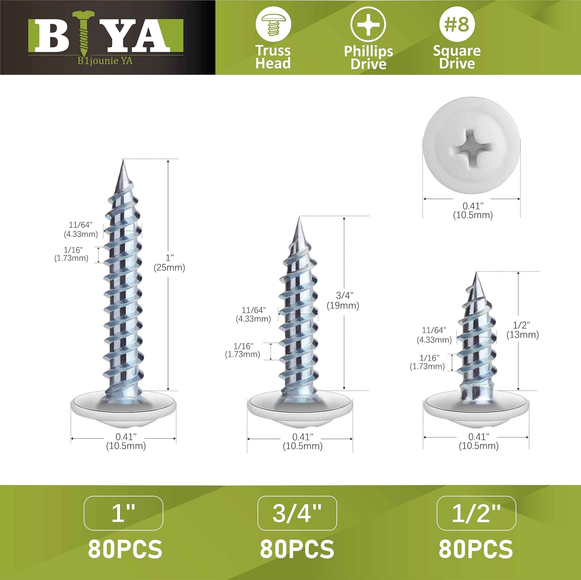 White Head Screws,240pcs #8 Thread Truss Head Fast Self Tapping White Pan Cabinet Screws Wood Work for Wall Plates, 1/2 Inch, 3/4 Inch, 1 Inch