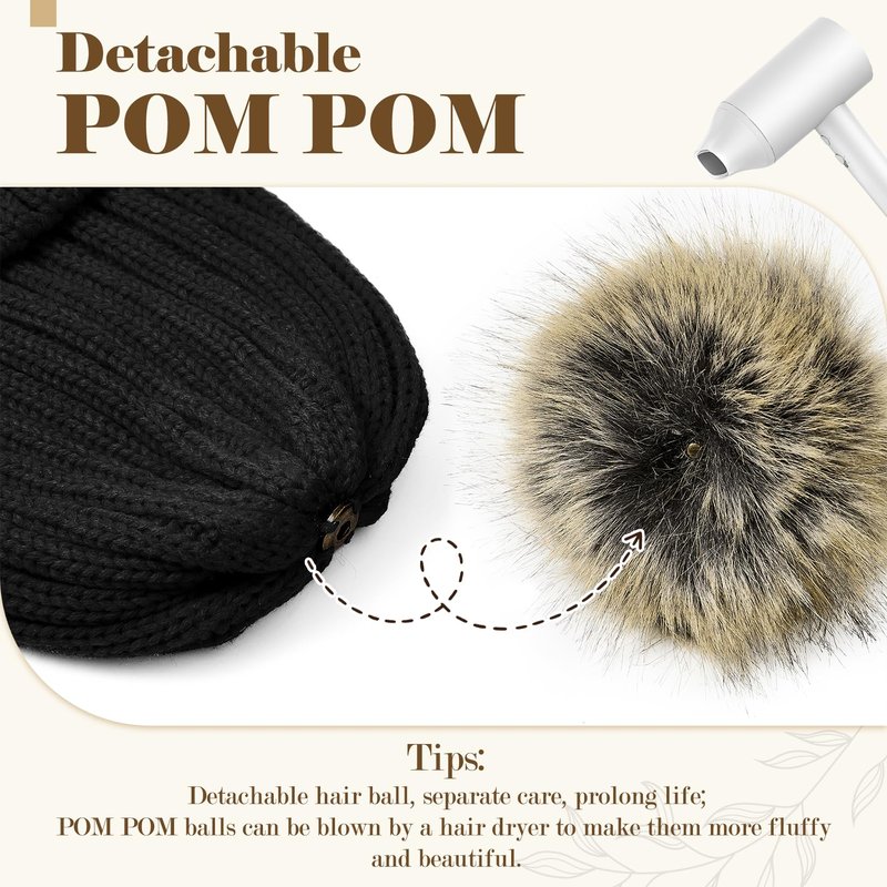 Century Star Womens Satin Lined Winter Beanie with Detachable Faux Fur Pom Pom, Warm Knit Cuffed Hat for Cold Weather Black One Size