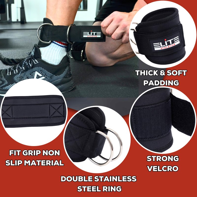 Elite Athletics Ankle Strap for Cable Machine, Gym Ankle Cuff for Cable Kickback, plus Wrist Lifting Straps for Weightlifting, Deadlift and Carry Bag (Black)